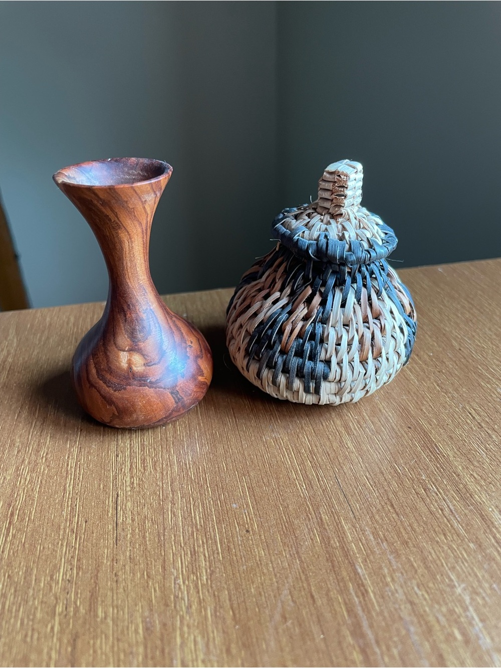 Lot of 2 Handmade Wooden Mini Vase and Hand woven African Basket 3" each